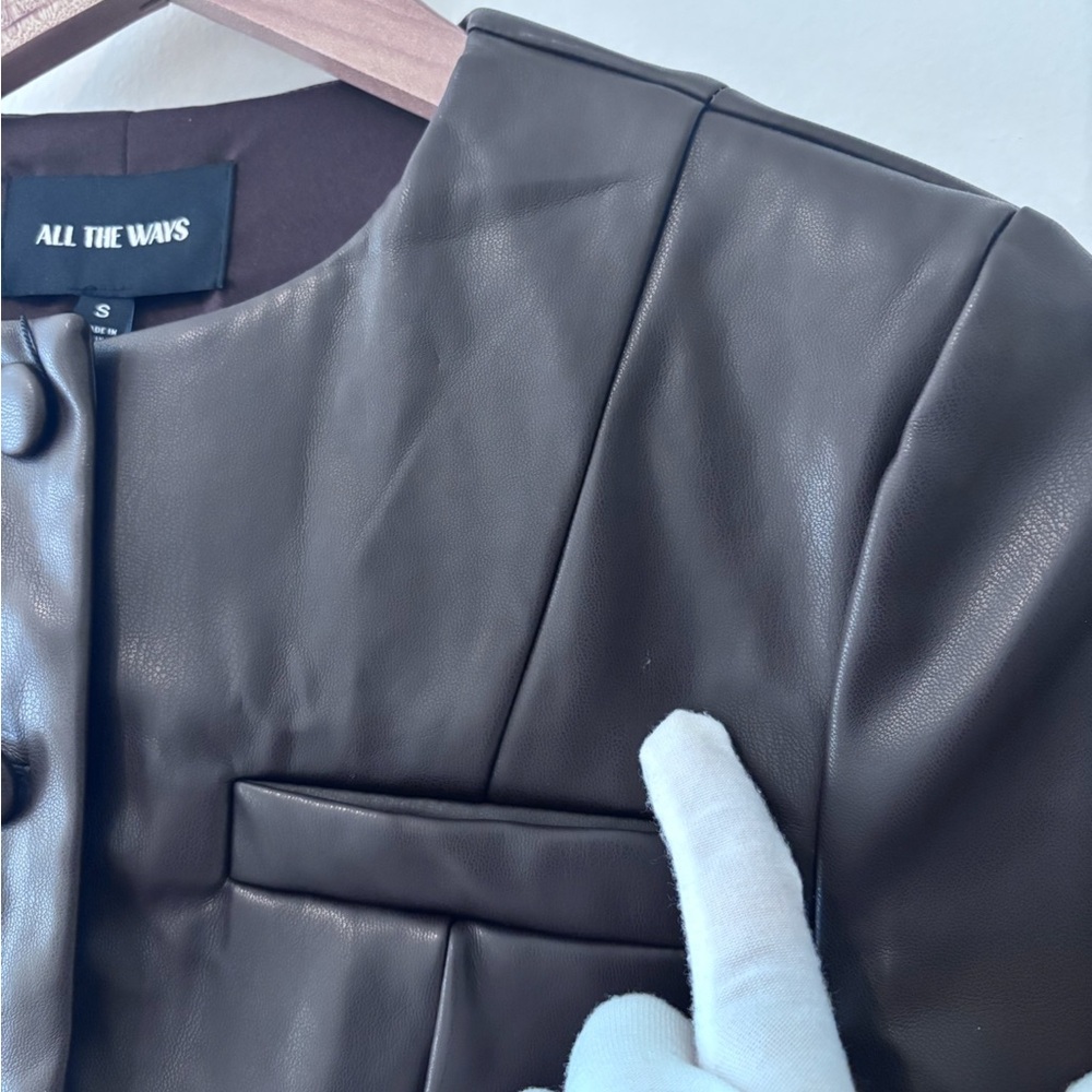 All The Ways Revolve Vandellia Chocolate Brown Faux Leather Button Blazer Jacket - Picture 9 of 10